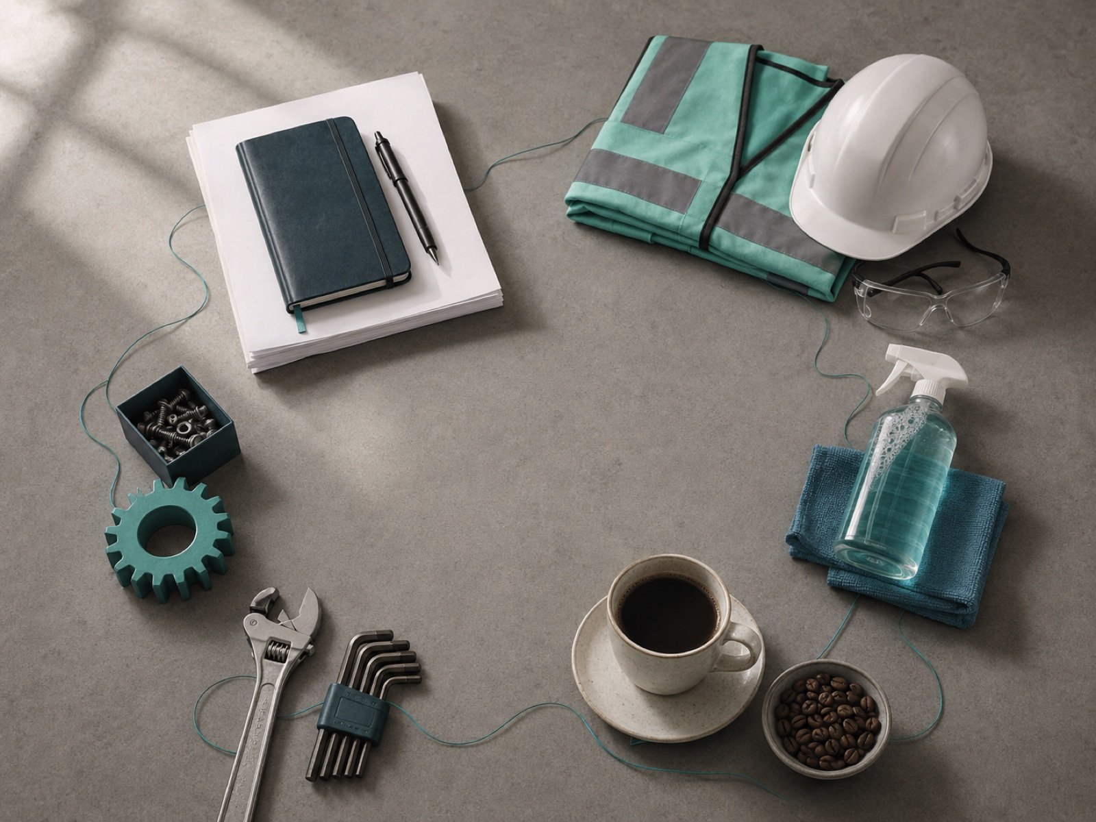 Business & Workplace Supplies — six product worlds arranged in a constellation: office, PPE, cleaning, breakroom, facility and MRO